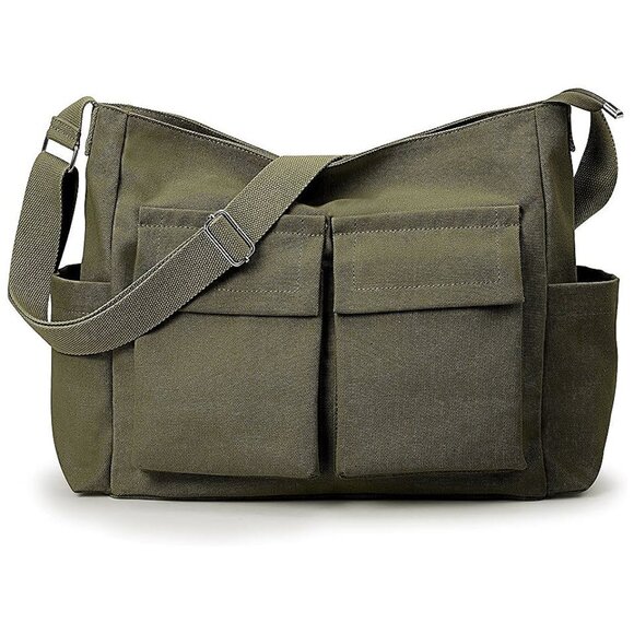 Handbags - Canvas Tote Bag Messenger Bag, Large Crossbody Bag Army Green